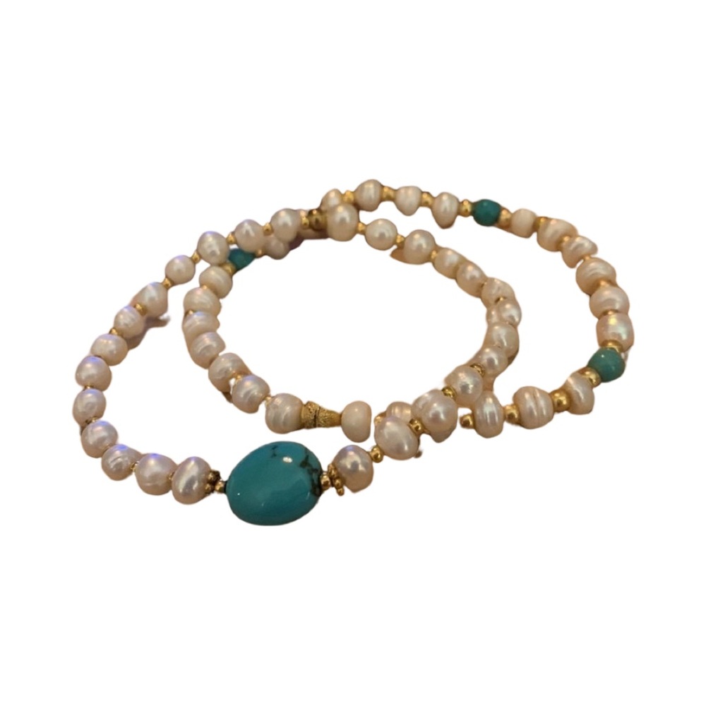 White Freshwater pearl and Turquoise bracelet stack.  Pearl and Turquoise stack